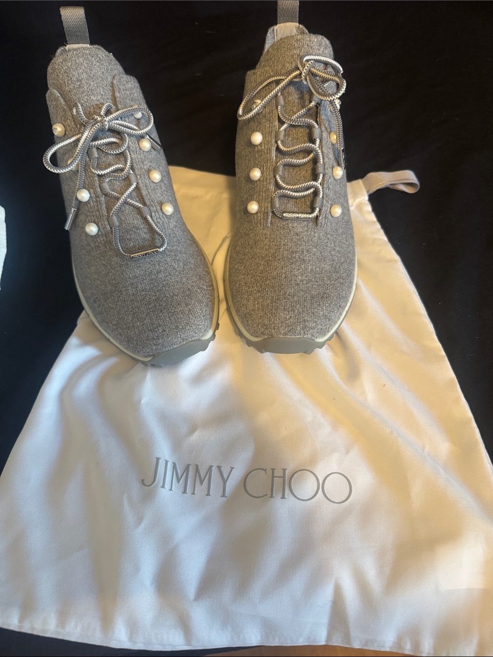 Jimmy Choo Women’s Gray Knit Sneakers with Pearl Detailing